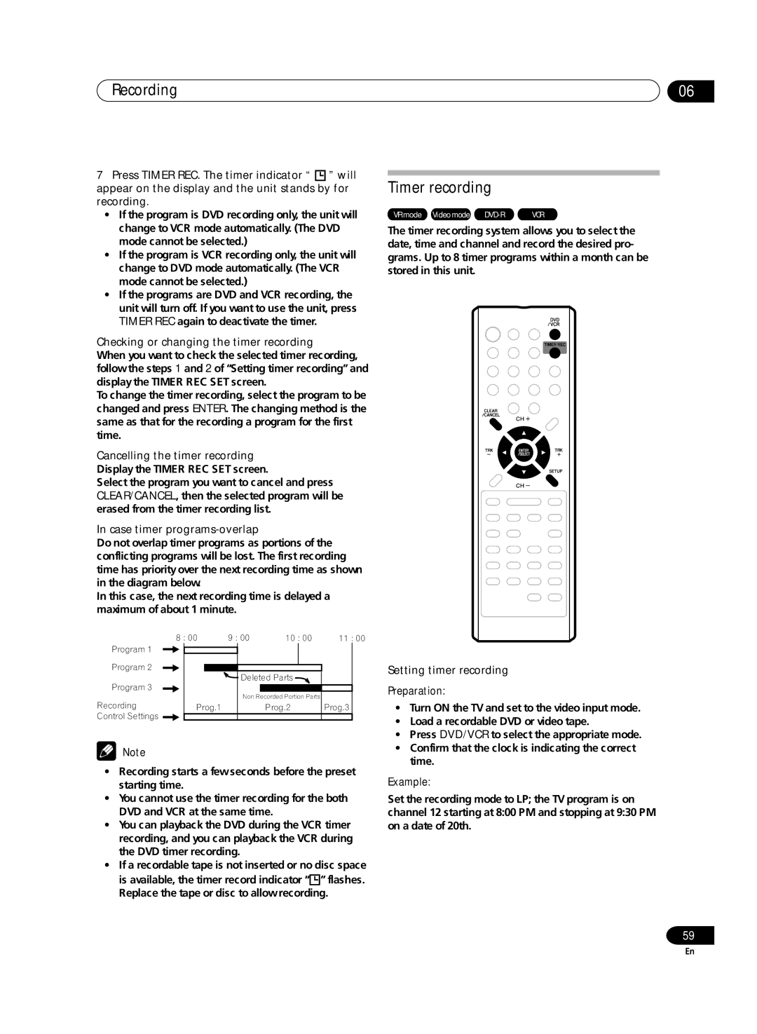 Pioneer DVR-RT300 manual Timer recording, Checking or changing the timer recording, Case timer programs-overlap 