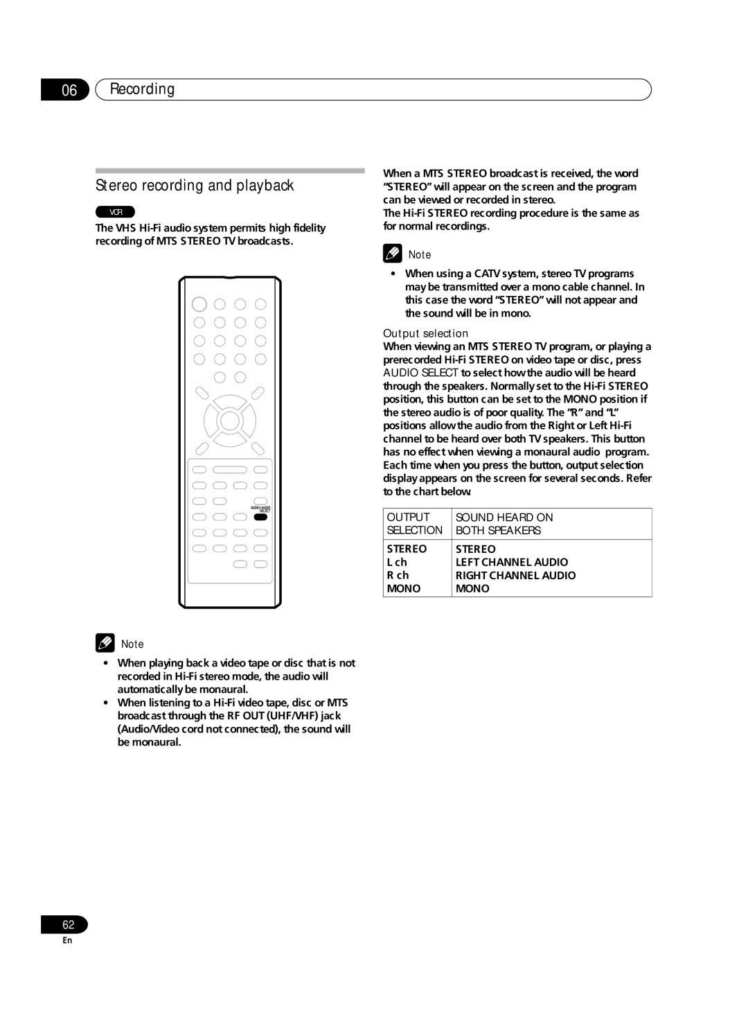 Pioneer DVR-RT300 Recording Stereo recording and playback, Output selection, Output Sound Heard on Selection Both Speakers 