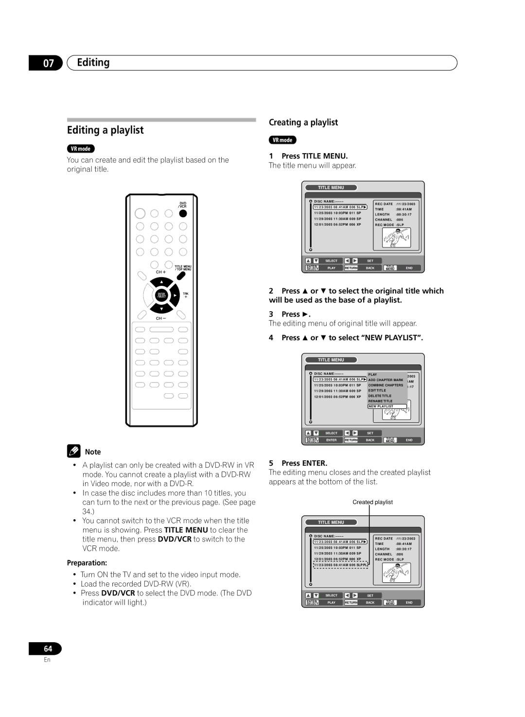 Pioneer DVR-RT300 manual Editing Editing a playlist, Creating a playlist, Will be used as the base of a playlist 