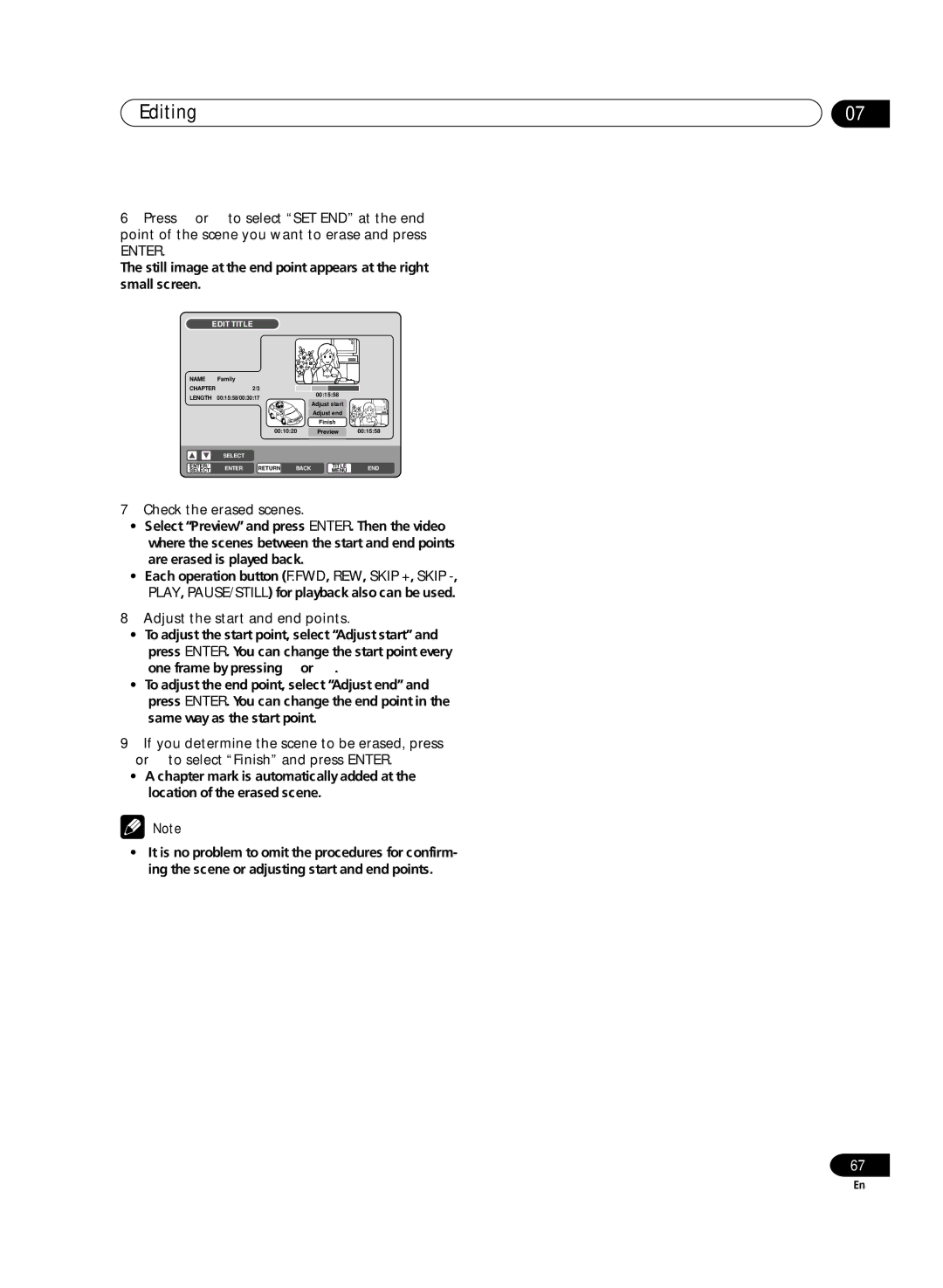 Pioneer DVR-RT300 manual Check the erased scenes, Adjust the start and end points 