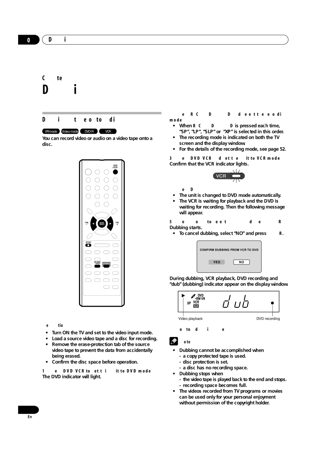 Pioneer DVR-RT300 manual Dubbing Chapter, Dubbing a tape onto a disc 