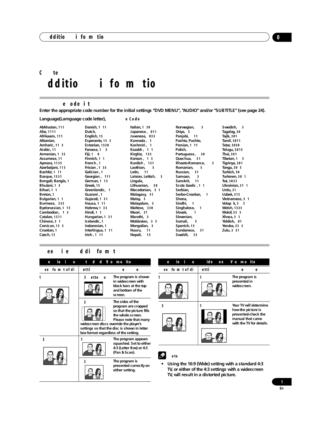 Pioneer DVR-RT300 manual Additional information Chapter, Language code list, Screen sizes and disc formats 