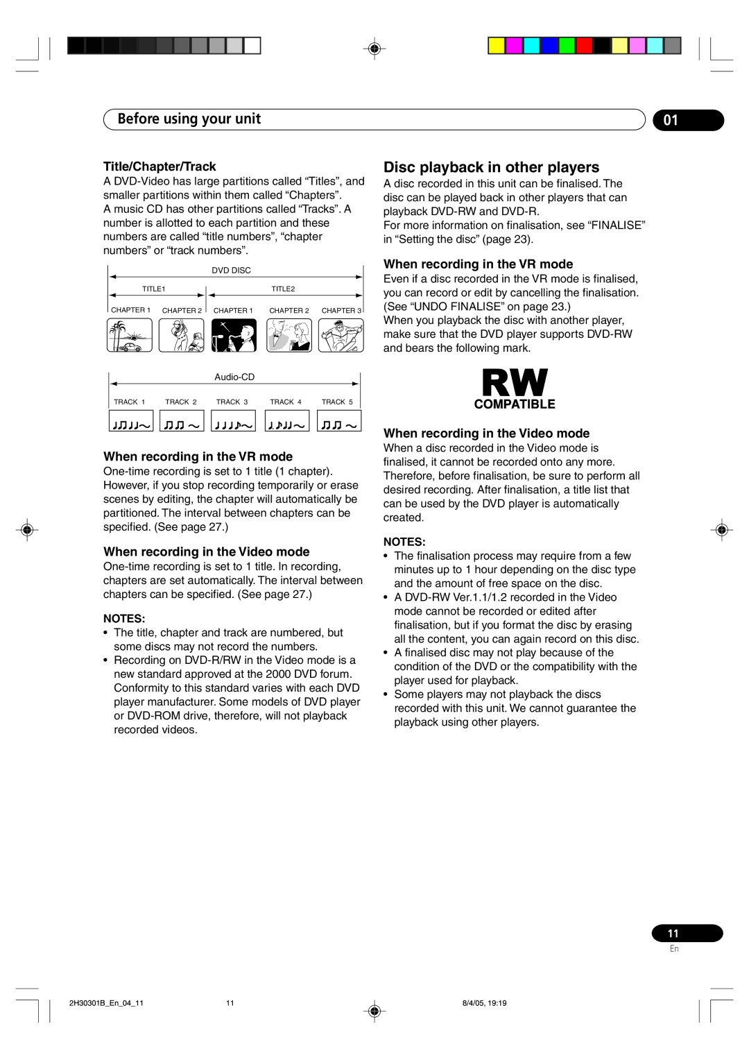 Pioneer DVR-RT501-S Disc playback in other players, Title/Chapter/Track, When recording in the VR mode 