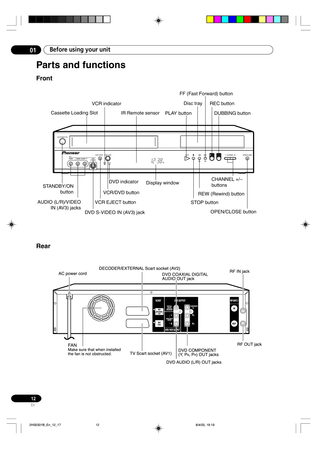 Pioneer DVR-RT501-S operating instructions Parts and functions, Front, Channel +/Ð, Standby/On, Audio L/R/VIDEO 