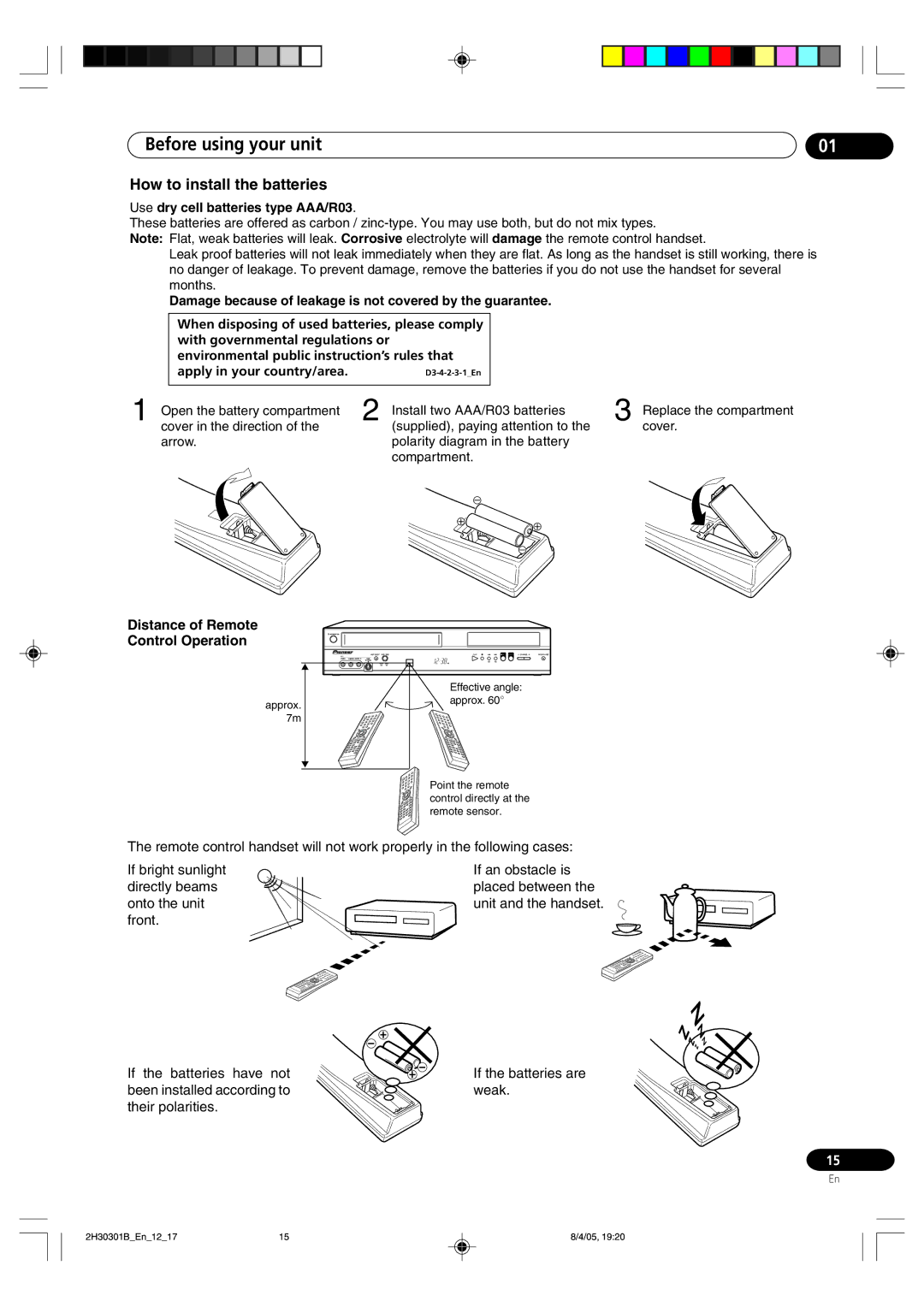 Pioneer DVR-RT501-S operating instructions How to install the batteries, Use dry cell batteries type AAA/R03 