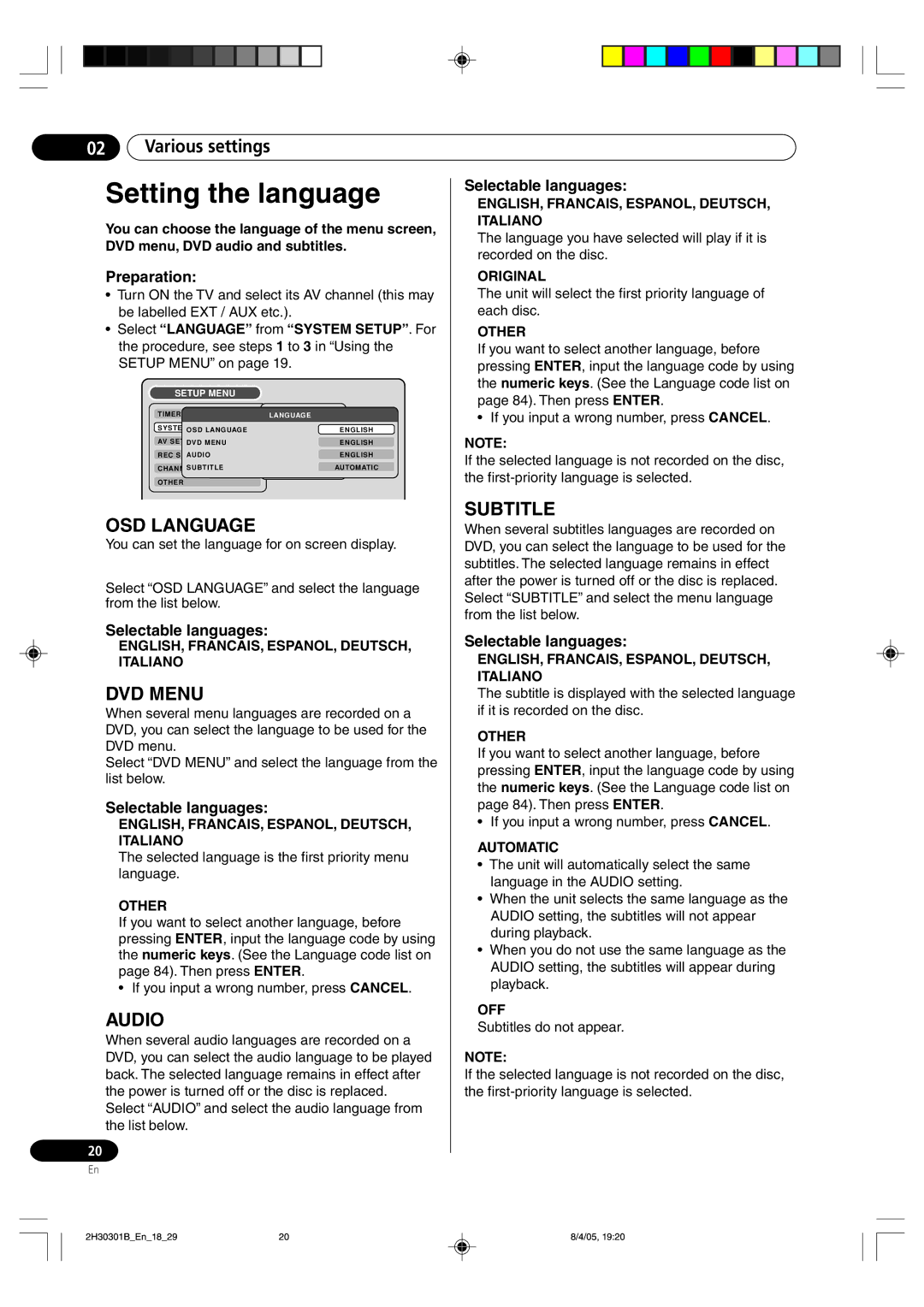 Pioneer DVR-RT501-S operating instructions Setting the language, Selectable languages 