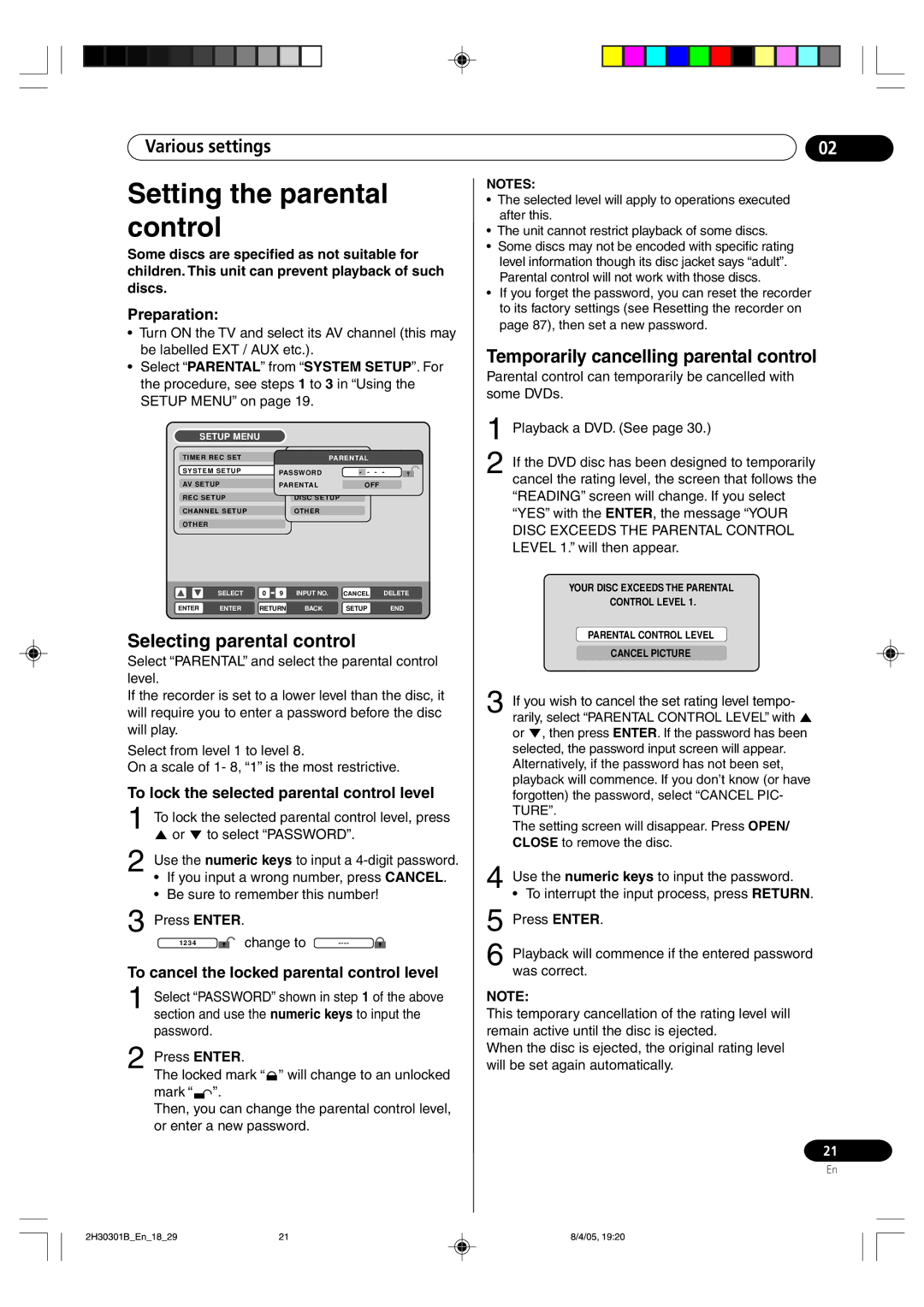 Pioneer DVR-RT501-S Setting the parental control, Selecting parental control, Temporarily cancelling parental control 