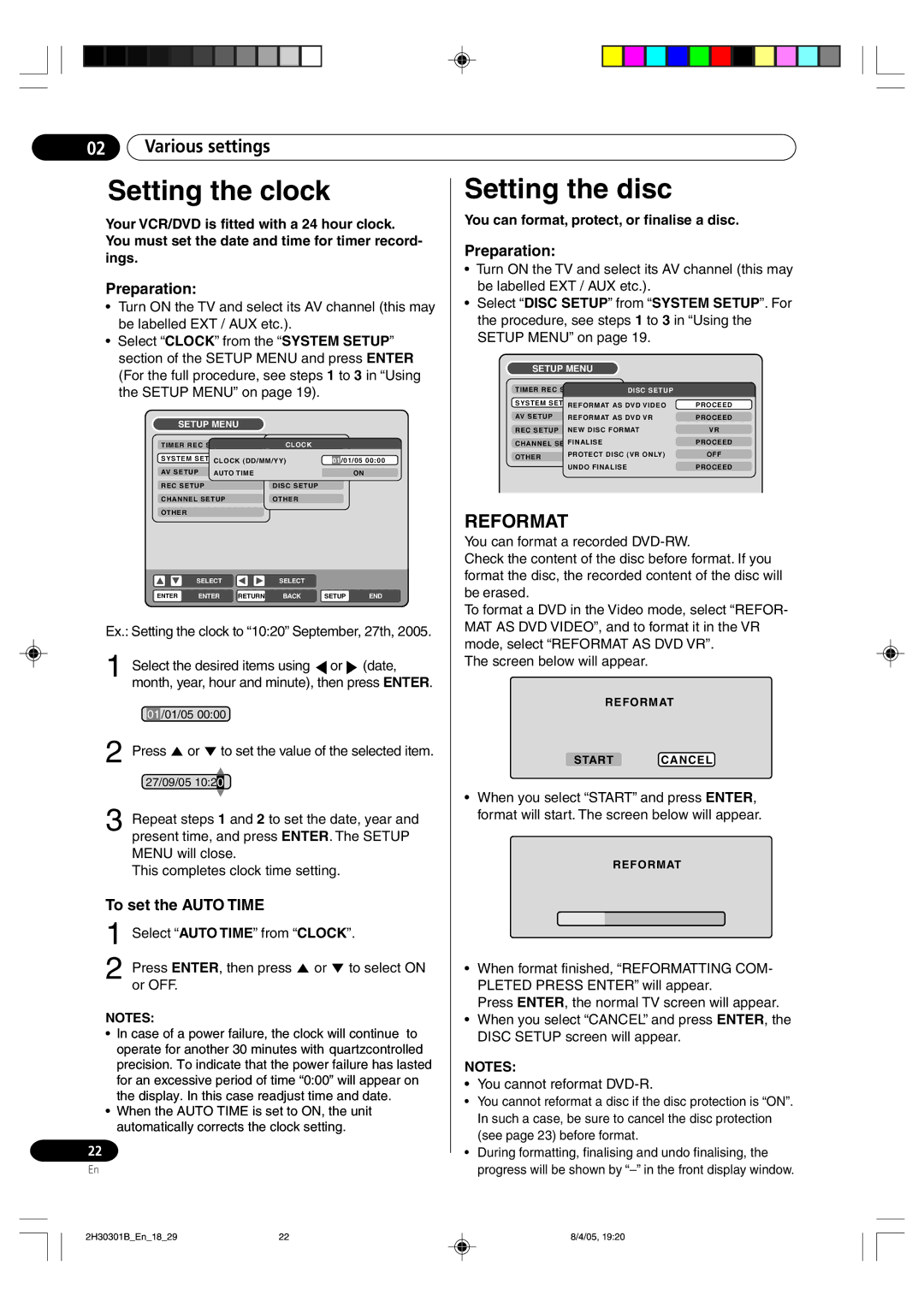 Pioneer DVR-RT501-S Setting the clock, Setting the disc, To set the Auto Time, You can format, protect, or finalise a disc 