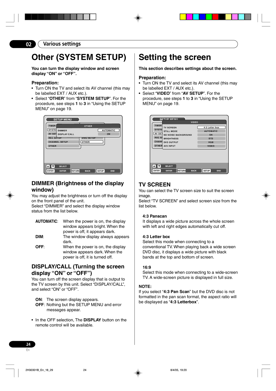 Pioneer DVR-RT501-S operating instructions Other System Setup, Setting the screen, Dimmer Brightness of the display window 