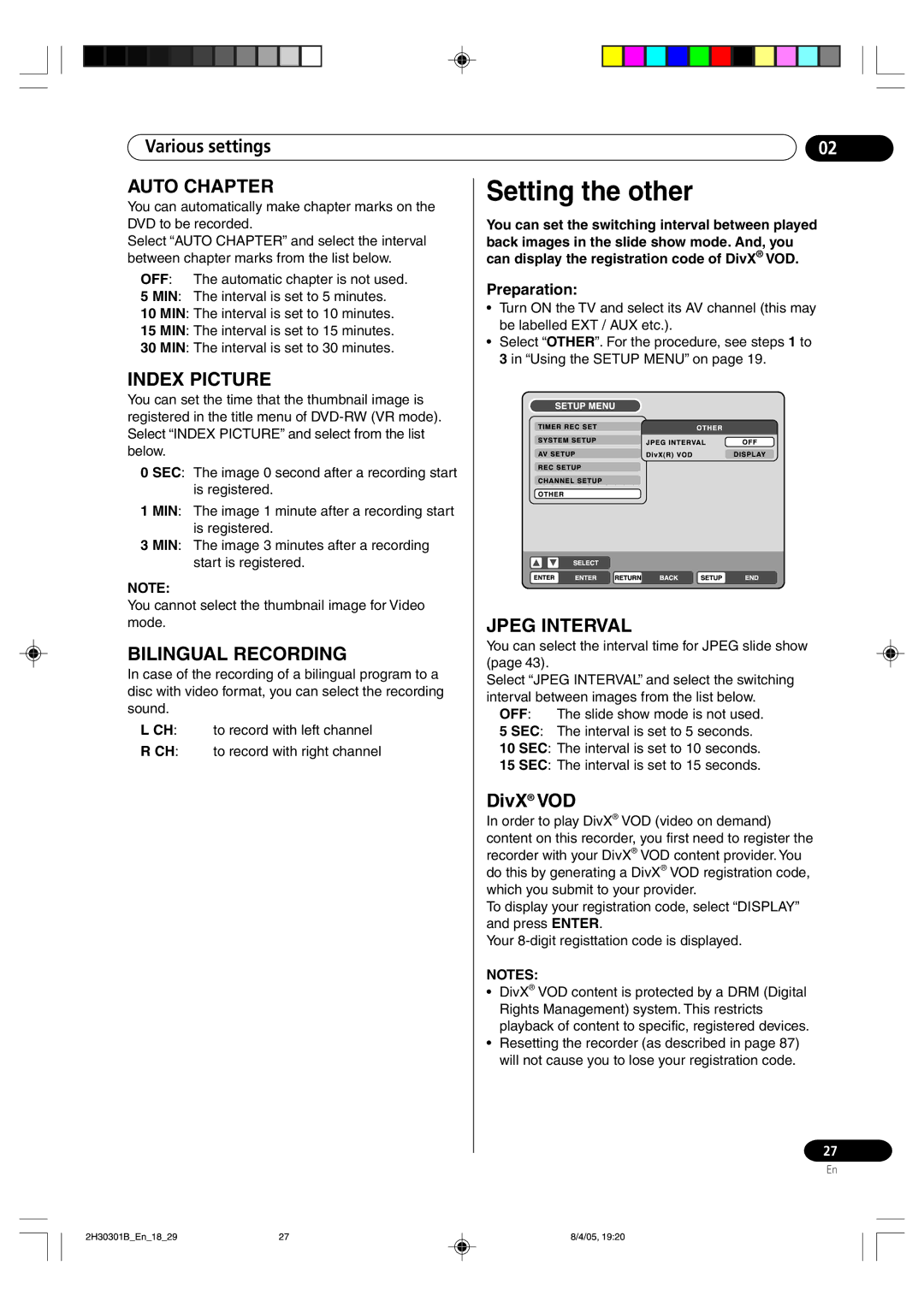 Pioneer DVR-RT501-S Setting the other, DivX VOD, Be labelled EXT / AUX etc, ÒUsing theSETUP Menuó onpage 