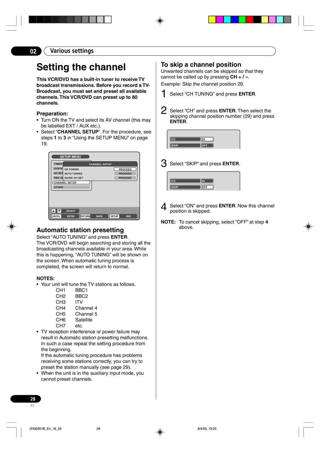 Pioneer DVR-RT501-S operating instructions Setting the channel, Automatic station presetting, To skip a channel position 