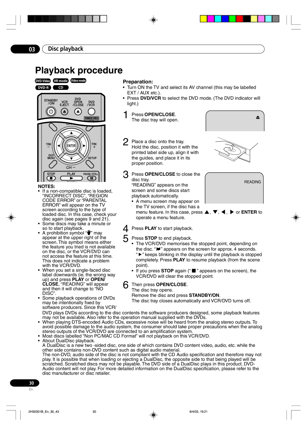 Pioneer DVR-RT501-S operating instructions Playback procedure, Disc playback, Press OPEN/CLOSE. The disc tray will open 