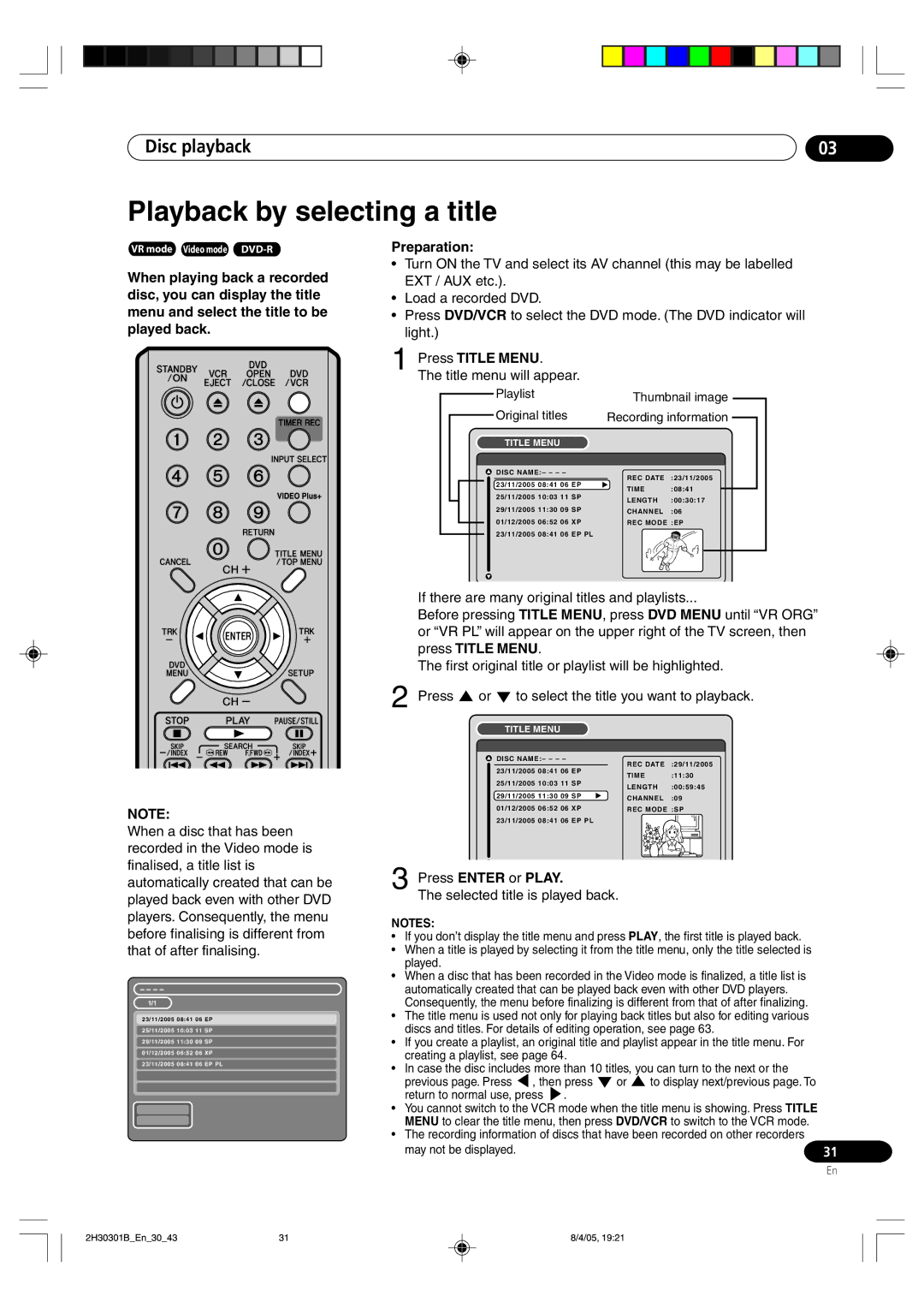 Pioneer DVR-RT501-S Playback by selecting a title, Press Title Menu, Title menu will appear, Press Enter or Play 