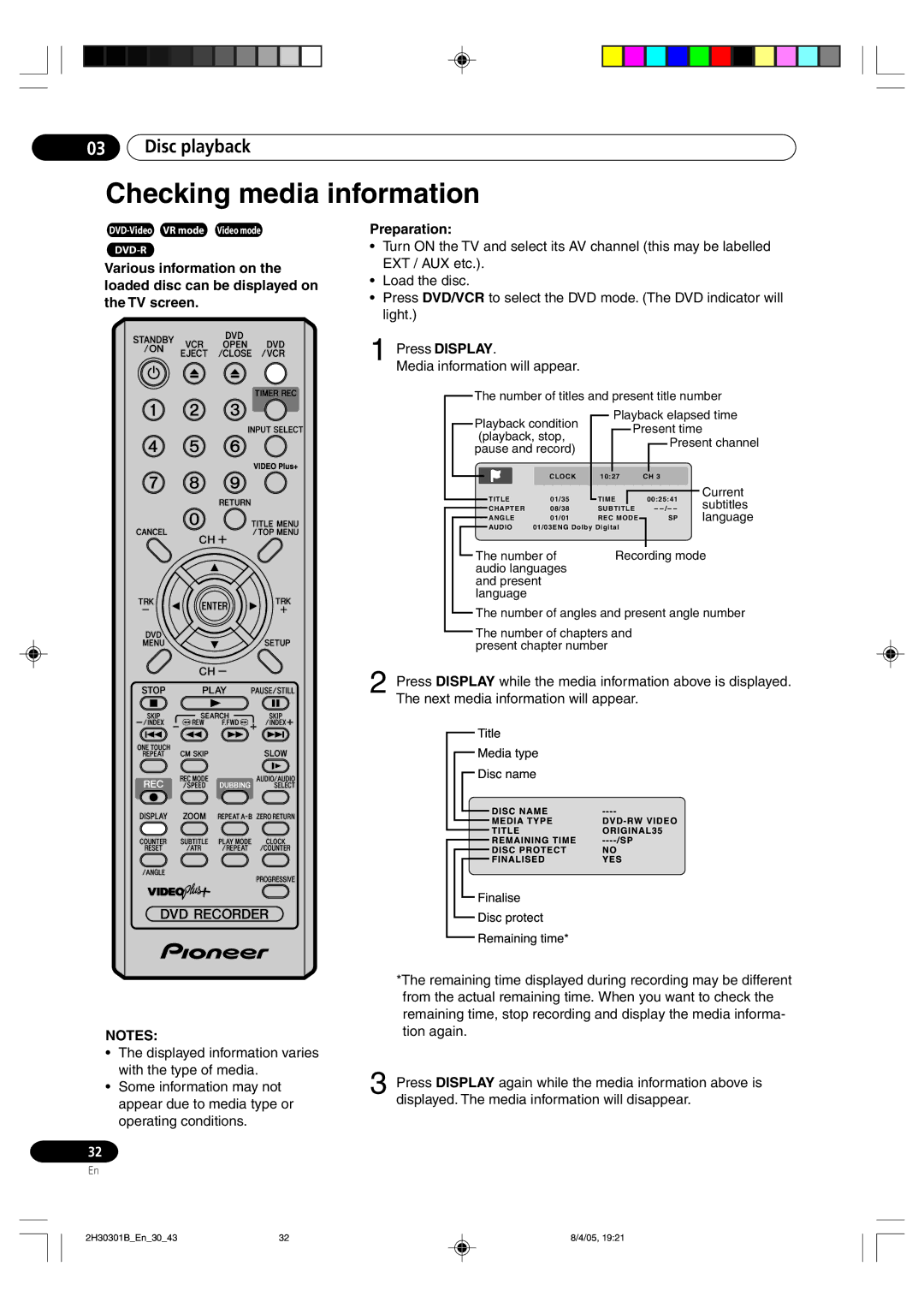 Pioneer DVR-RT501-S operating instructions Checking media information 