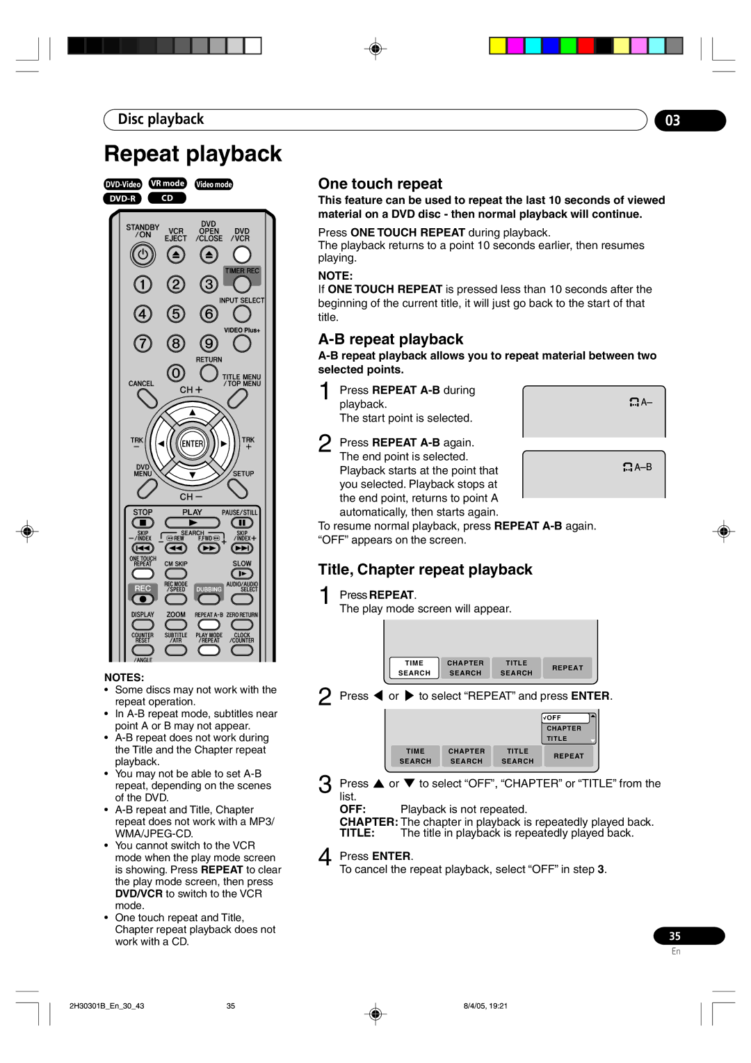 Pioneer DVR-RT501-S operating instructions Repeat playback, One touch repeat, Title, Chapter repeat playback 