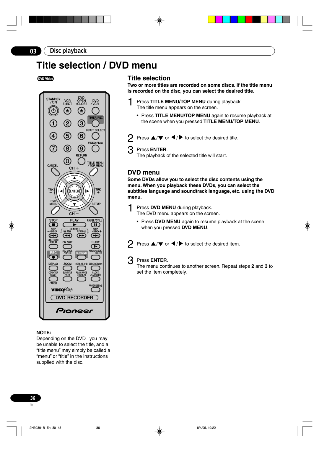 Pioneer DVR-RT501-S operating instructions Title selection / DVD menu 