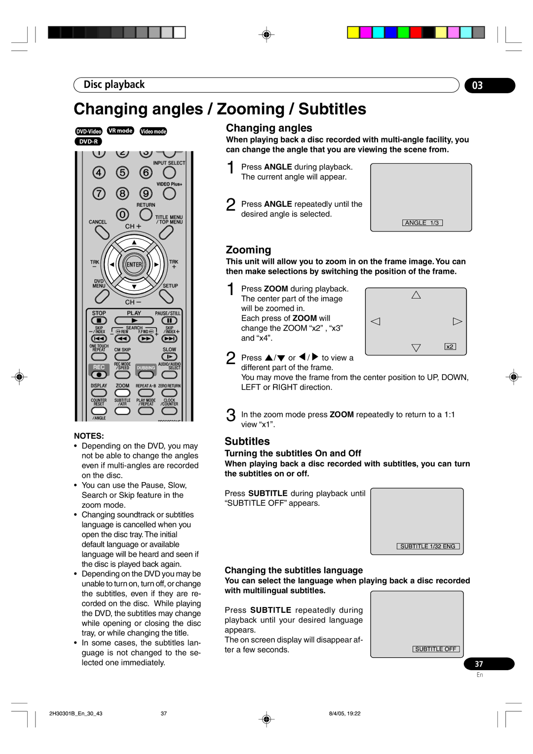 Pioneer DVR-RT501-S operating instructions Changing angles / Zooming / Subtitles 