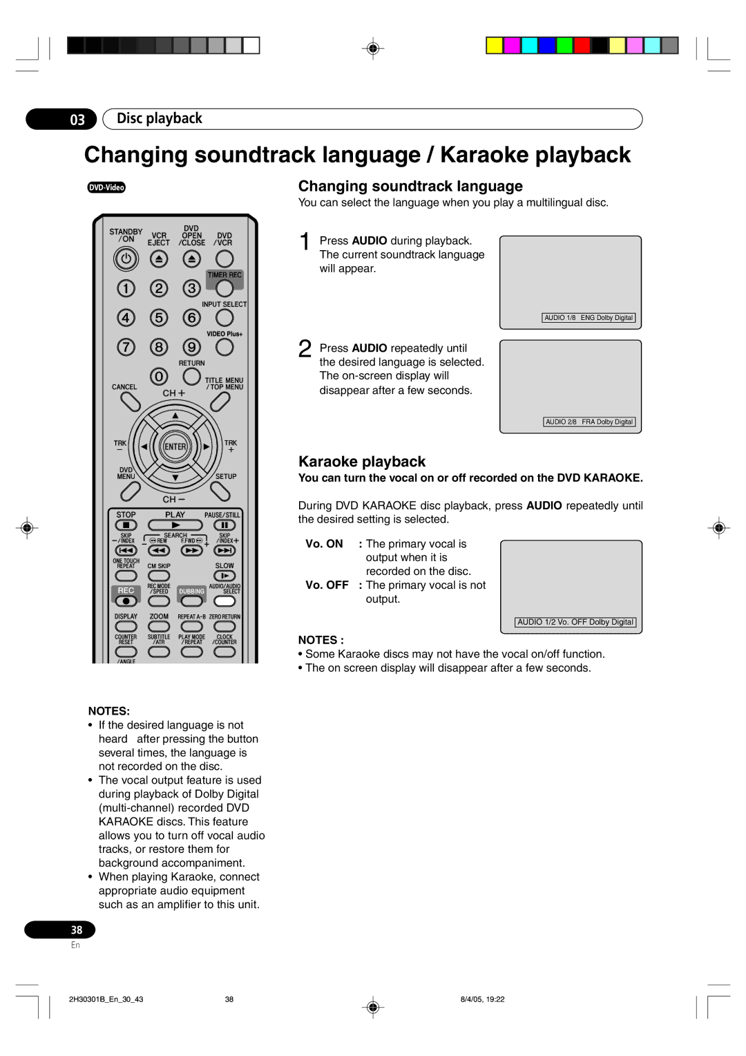 Pioneer DVR-RT501-S operating instructions Changing soundtrack language / Karaoke playback, Vo. on, Vo. OFF 