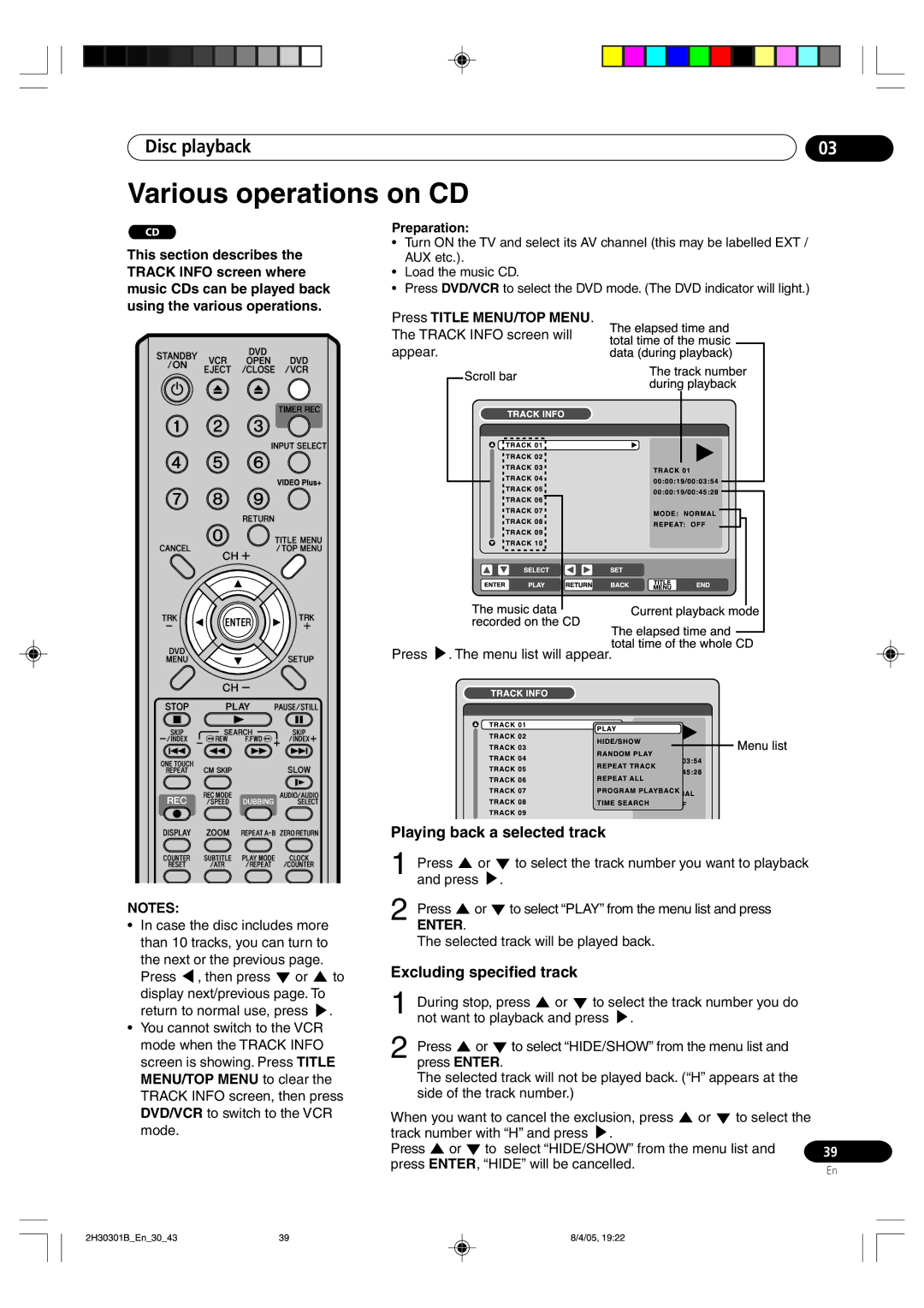 Pioneer DVR-RT501-S Various operations on CD, Playing back a selected track, Excluding specified track 