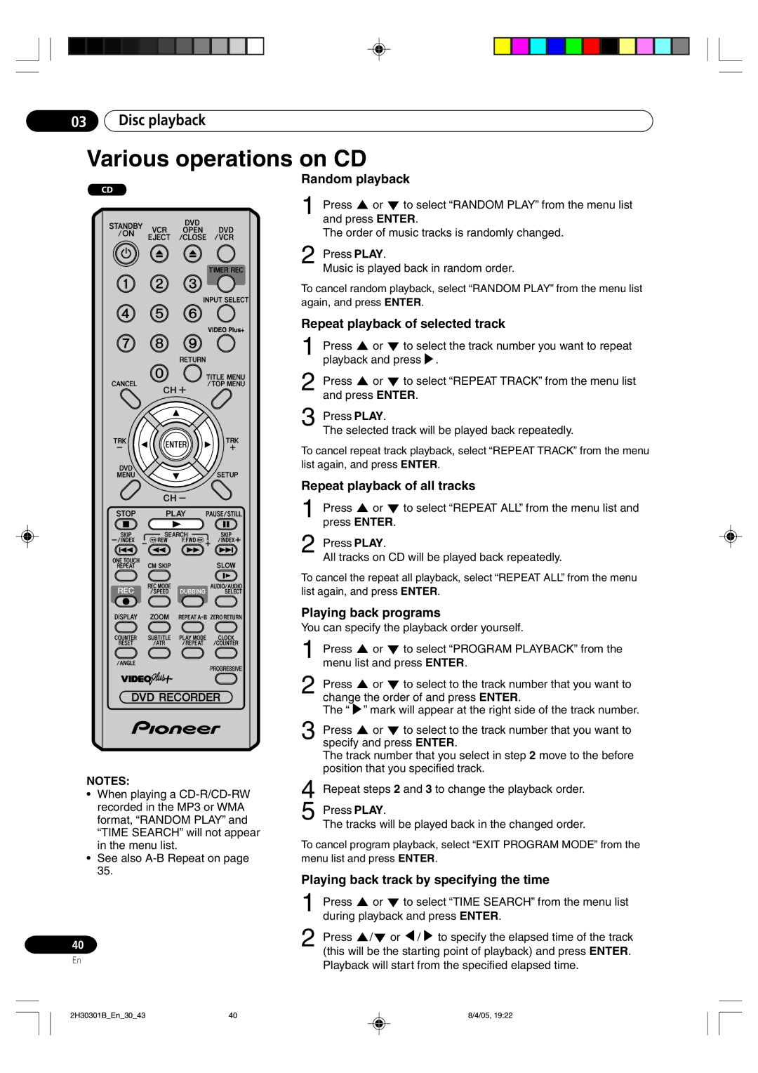 Pioneer DVR-RT501-S Random playback, Repeat playback of selected track, Repeat playback of all tracks 