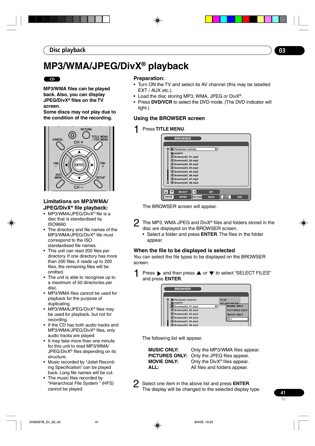 Pioneer DVR-RT501-S MP3/WMA/JPEG/DivX playback, Limitations on MP3/WMA/ JPEG/DivX file playback, Using the Browser screen 