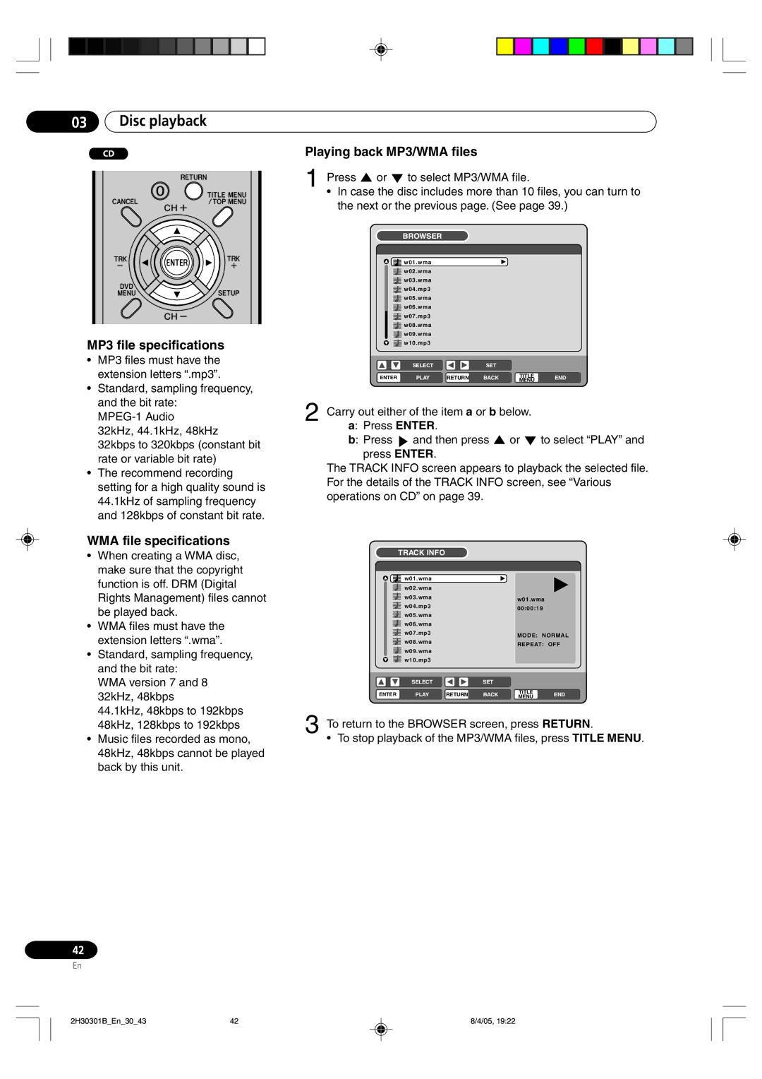 Pioneer DVR-RT501-S operating instructions MP3 file specifications, WMA file specifications, Playing back MP3/WMA files 