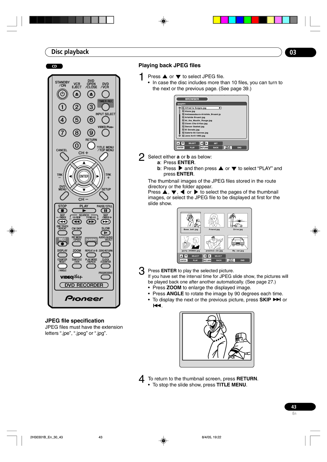 Pioneer DVR-RT501-S operating instructions Jpeg file specification, Playing back Jpeg files, Press To select Jpeg file 