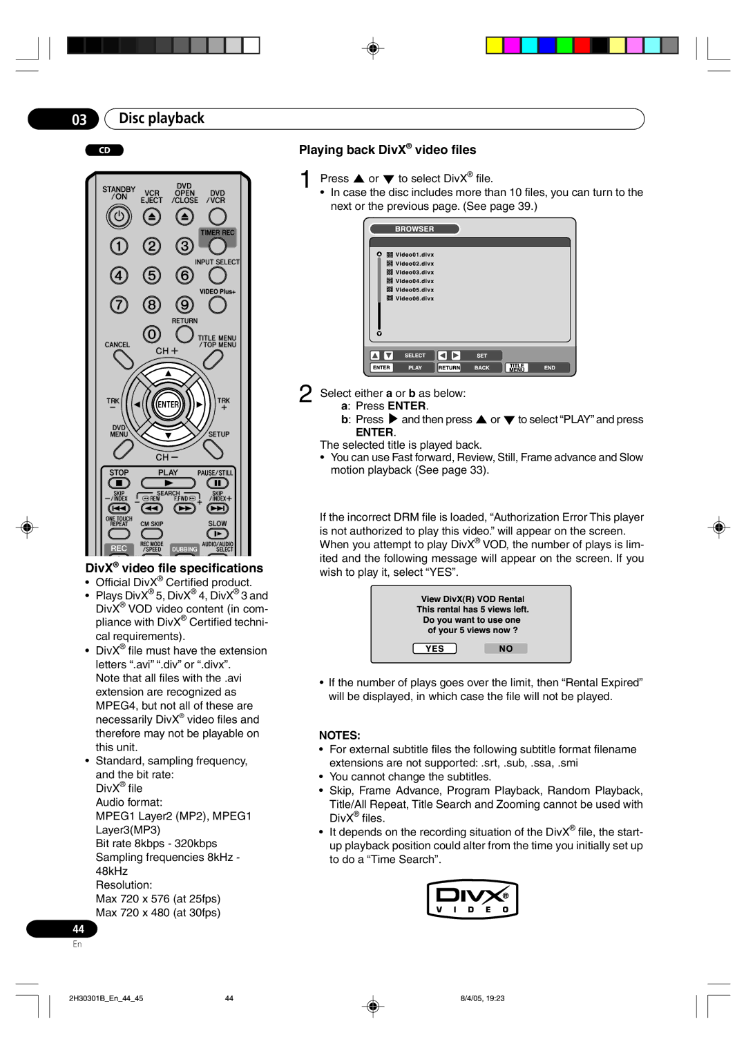 Pioneer DVR-RT501-S operating instructions DivX video file specifications, Playing back DivX video files 