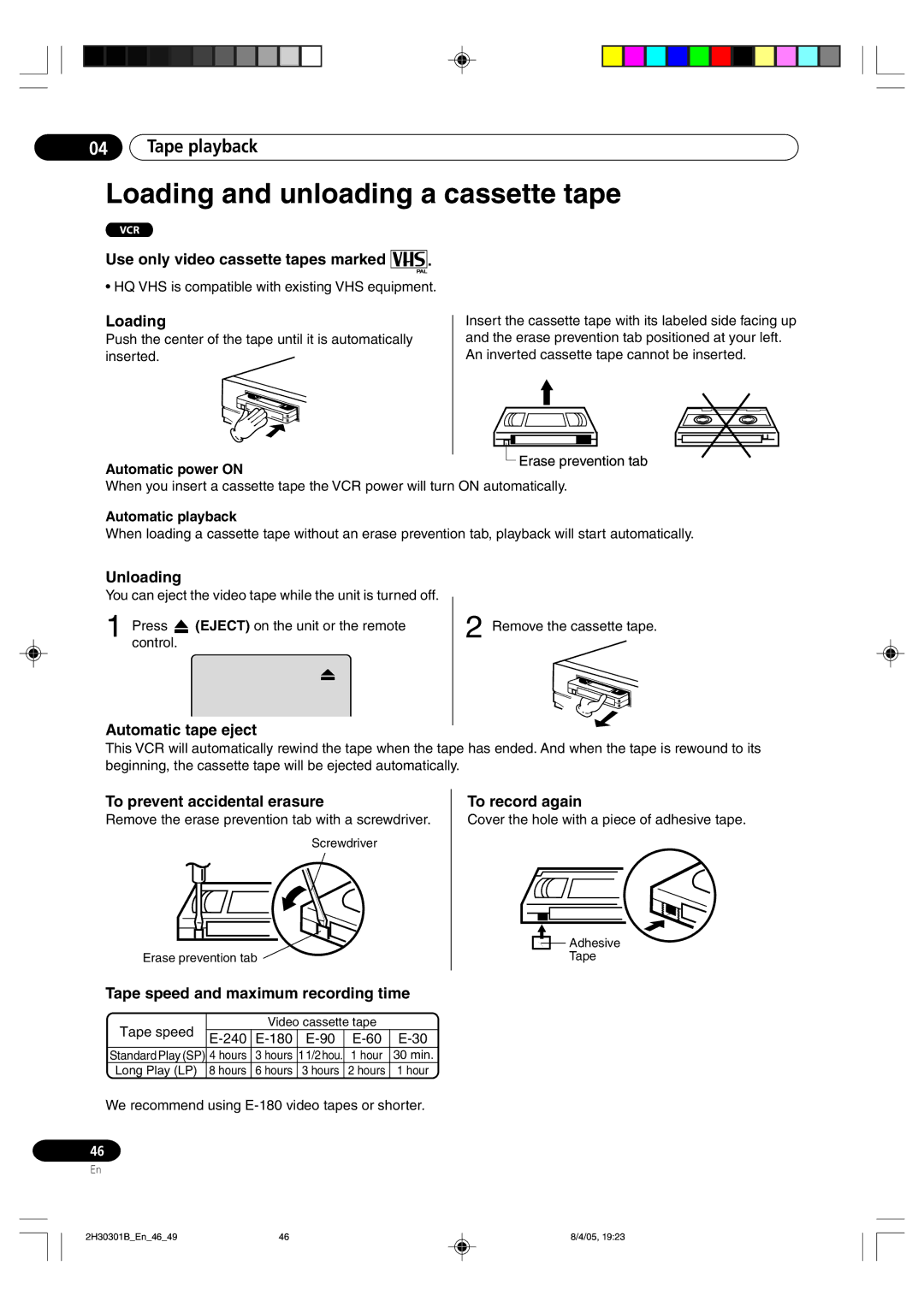 Pioneer DVR-RT501-S operating instructions Loading and unloading a cassette tape, Tape playback 