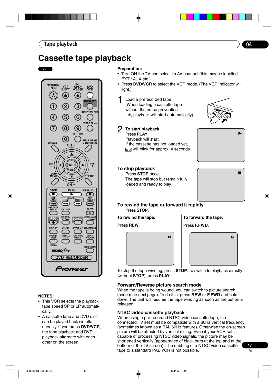 Pioneer DVR-RT501-S Cassette tape playback, To stop playback, To rewind the tape or forward it rapidly 