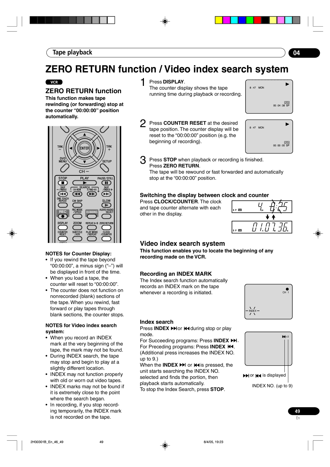 Pioneer DVR-RT501-S operating instructions Zero Return function / Video index searchsystem, Video index search system 