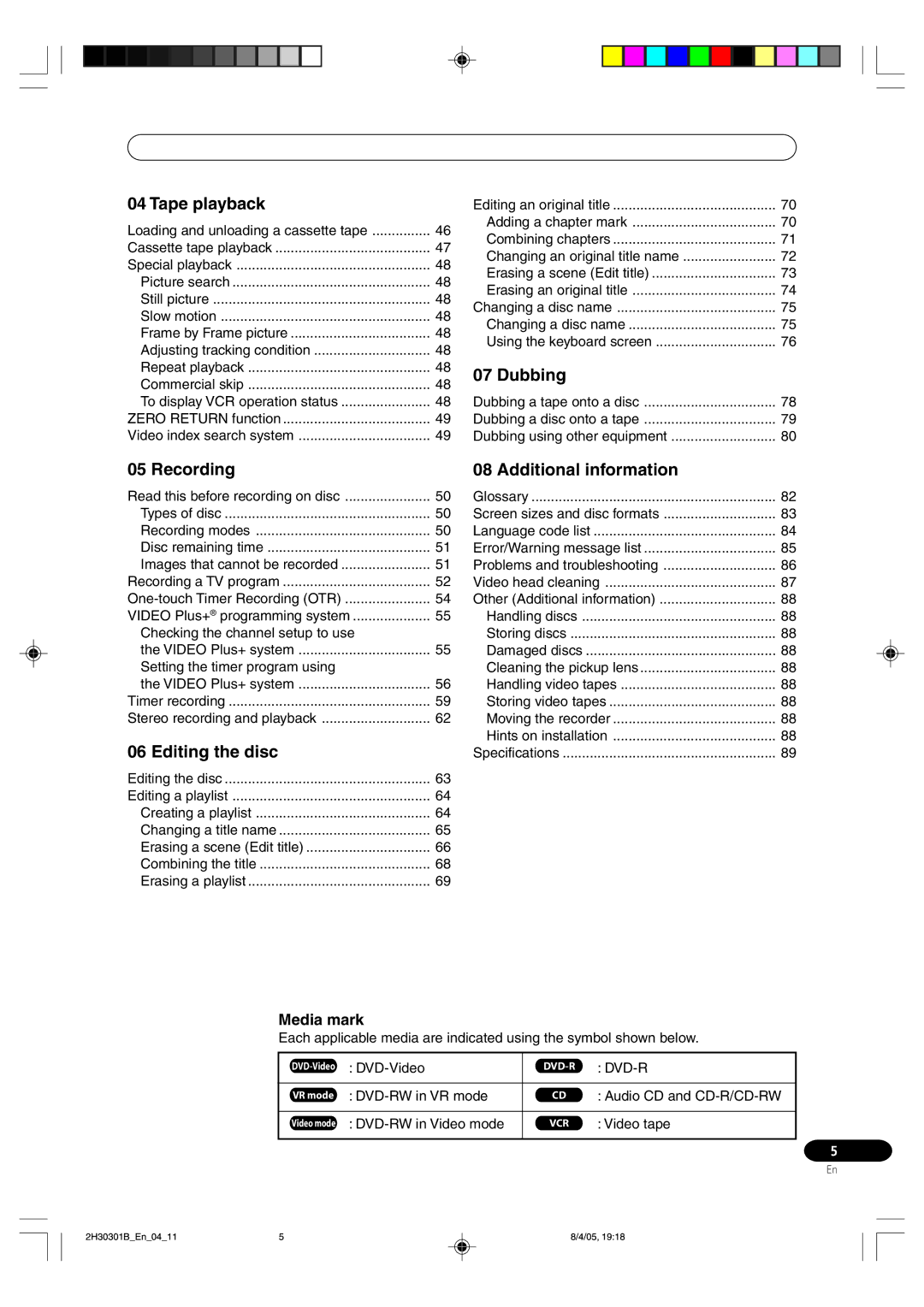 Pioneer DVR-RT501-S operating instructions Tape playback, Media mark 