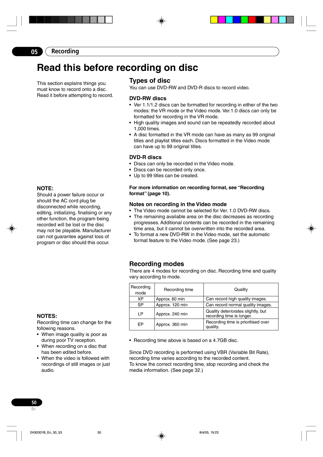 Pioneer DVR-RT501-S operating instructions Read this before recording on disc, Types of disc, Recording modes 