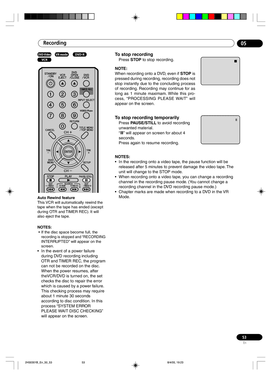 Pioneer DVR-RT501-S operating instructions To stop recording temporarily 