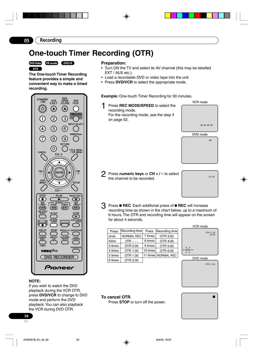 Pioneer DVR-RT501-S One-touch Timer Recording OTR, To cancel OTR, Press numeric keys or CH + / to select 