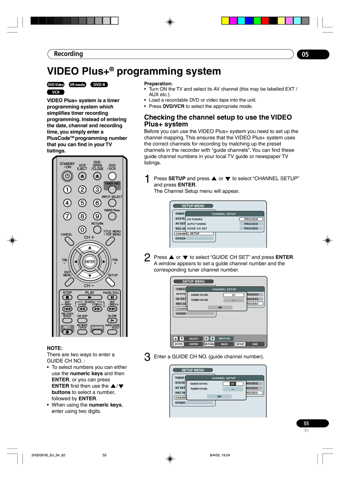 Pioneer DVR-RT501-S Video Plus+ programming system, Checking the channel setup to use the Video Plus+ system, Guide CH no 