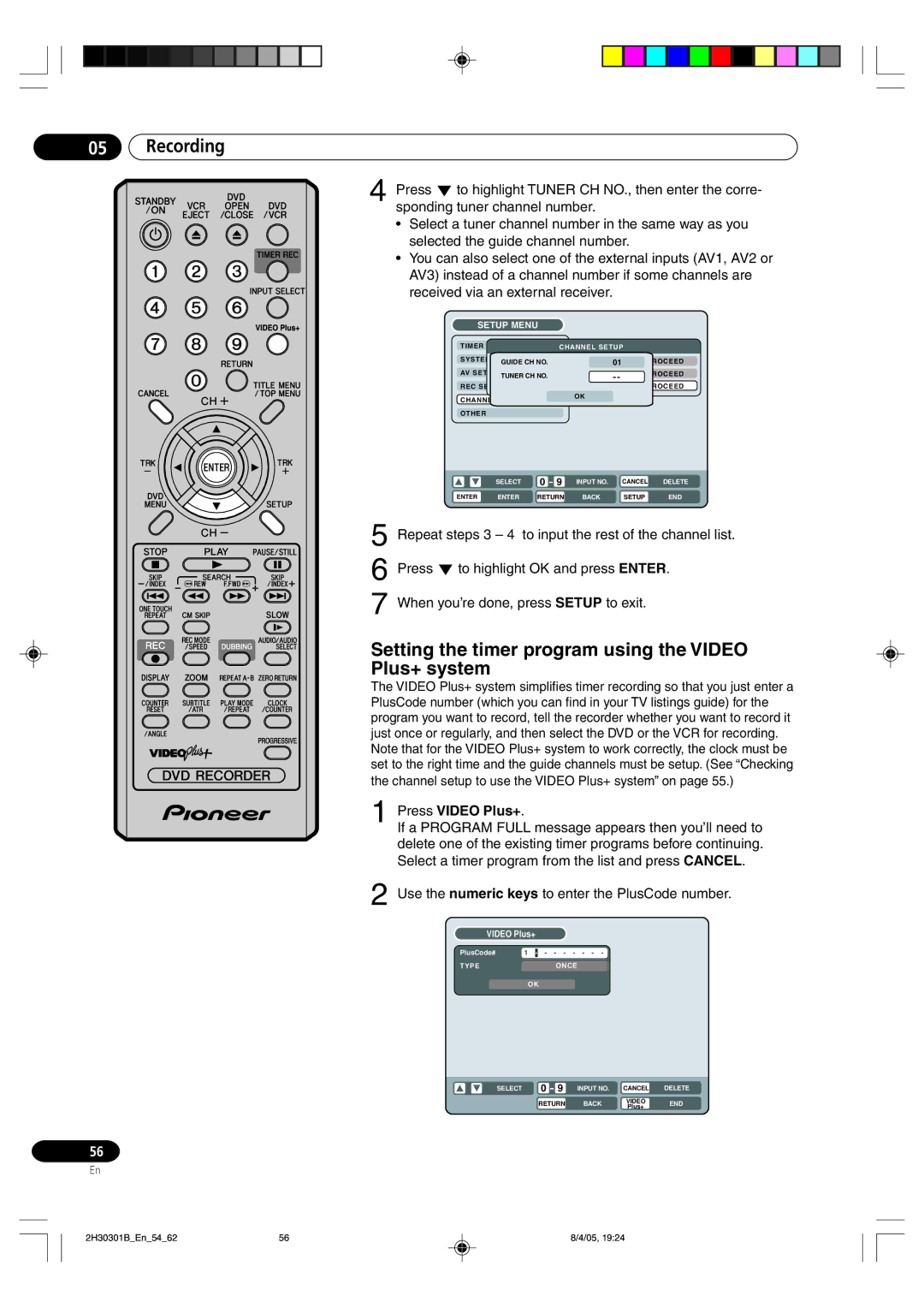 Pioneer DVR-RT501-S operating instructions Setting the timer program using the Video Plus+ system, Press Video Plus+ 