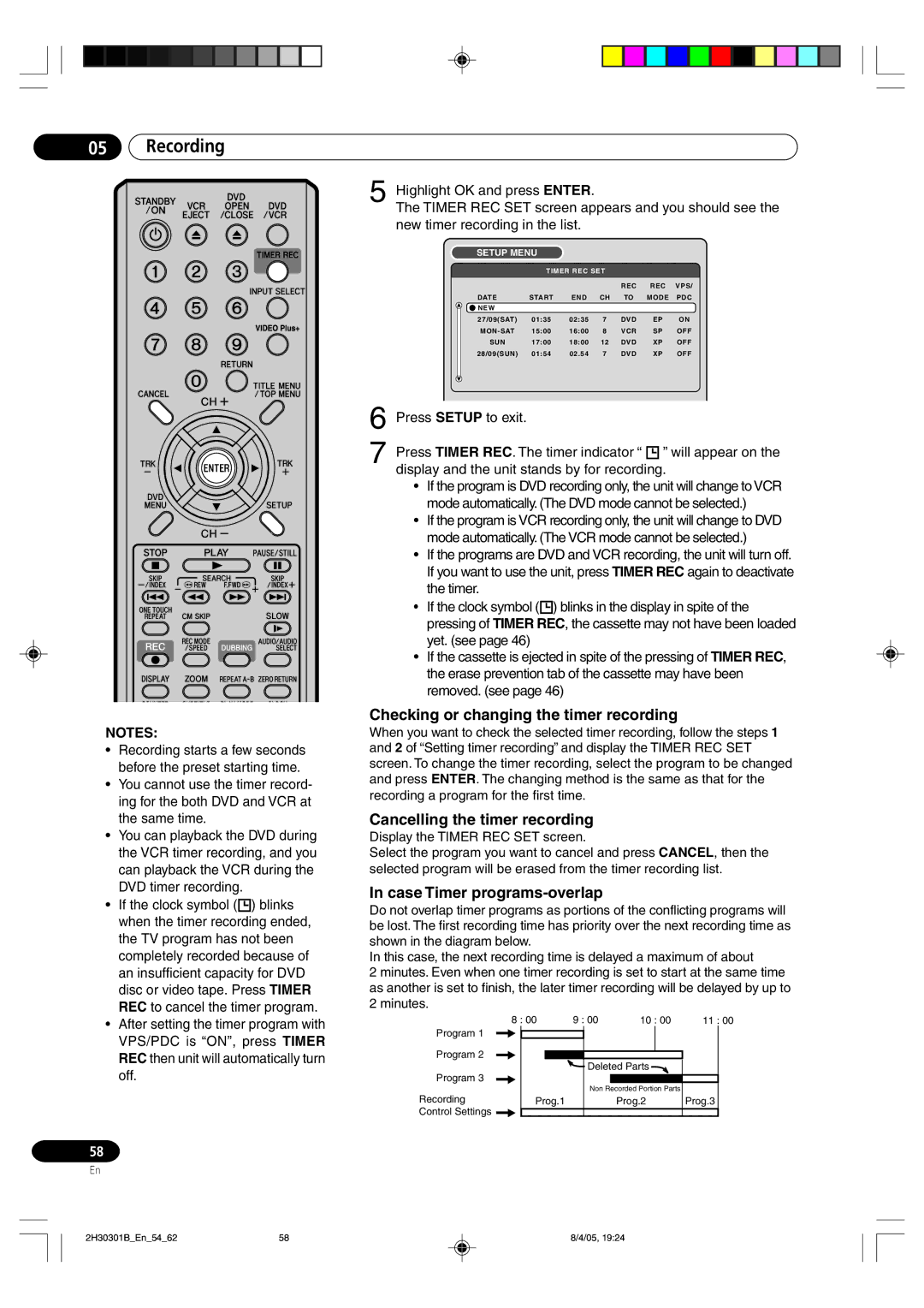 Pioneer DVR-RT501-S Checking or changing the timer recording, Cancelling the timer recording, Case Timer programs-overlap 