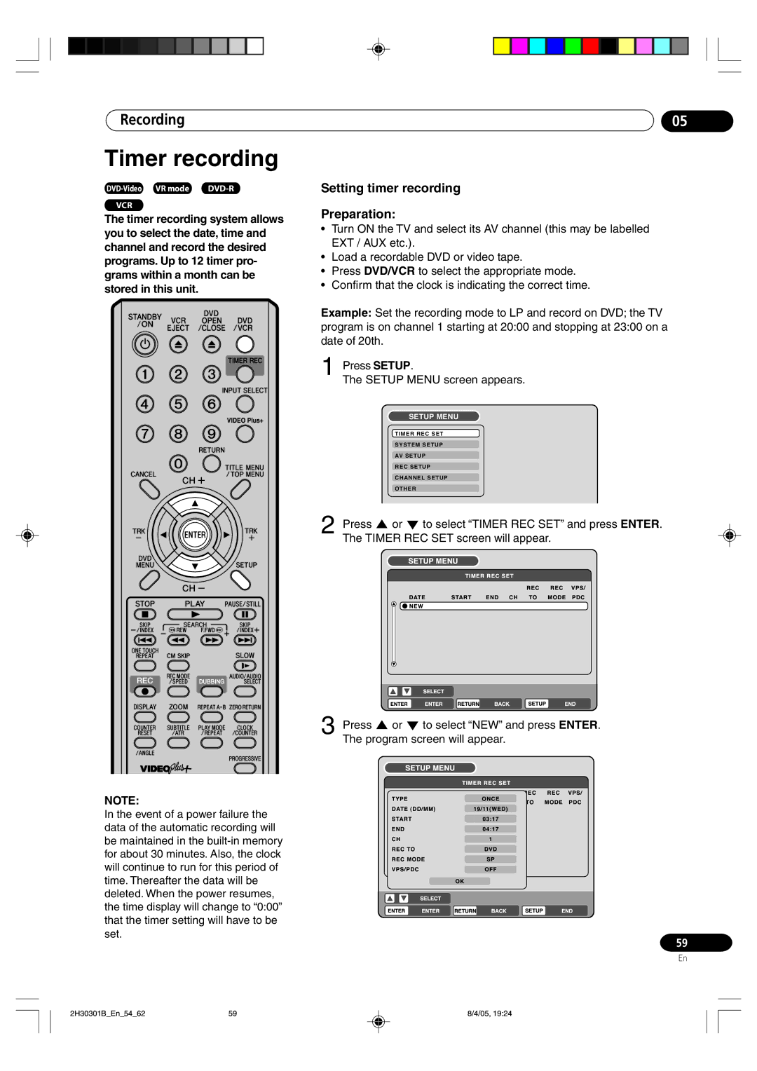 Pioneer DVR-RT501-S Timer recording, Setting timer recording Preparation, Press, Timer REC SET screen will appear 