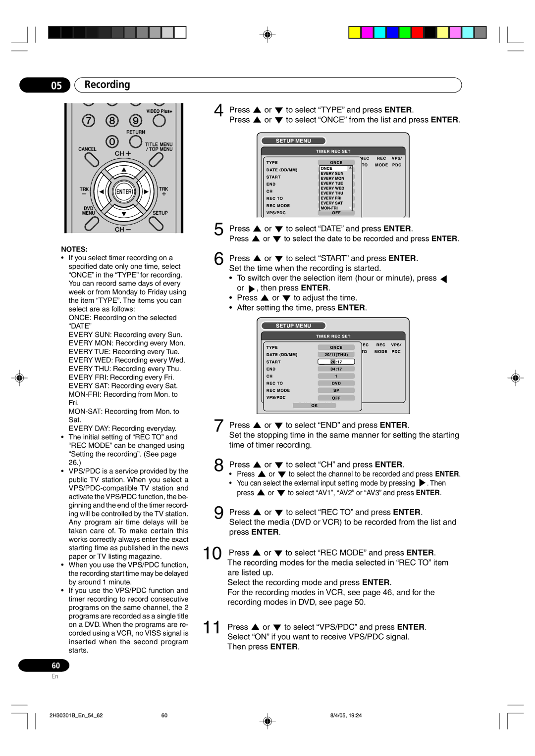 Pioneer DVR-RT501-S Press or to select Òtypeó and press Enter, Press or to select Òdateó and press Enter 