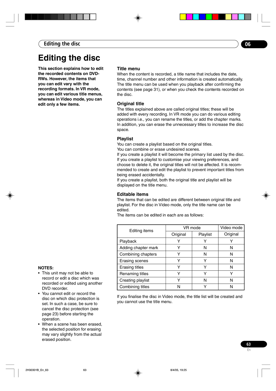 Pioneer DVR-RT501-S operating instructions Editing the disc, Original title, Playlist, Editable items 