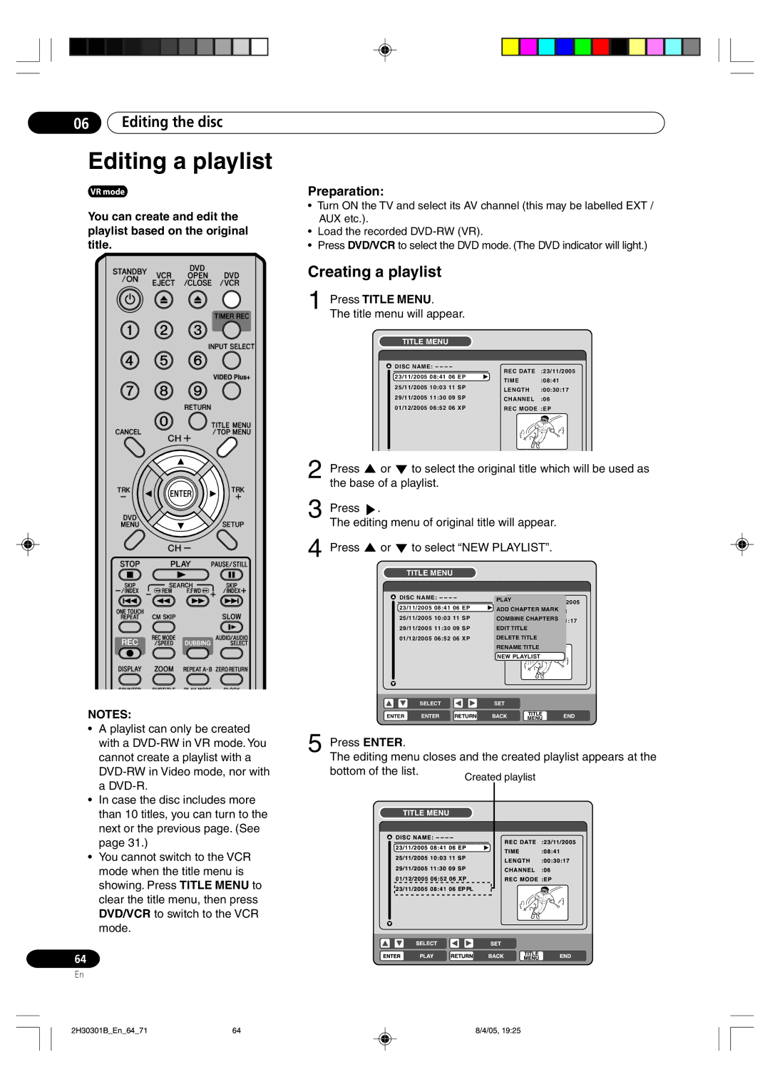 Pioneer DVR-RT501-S operating instructions Editing a playlist, Creating a playlist 