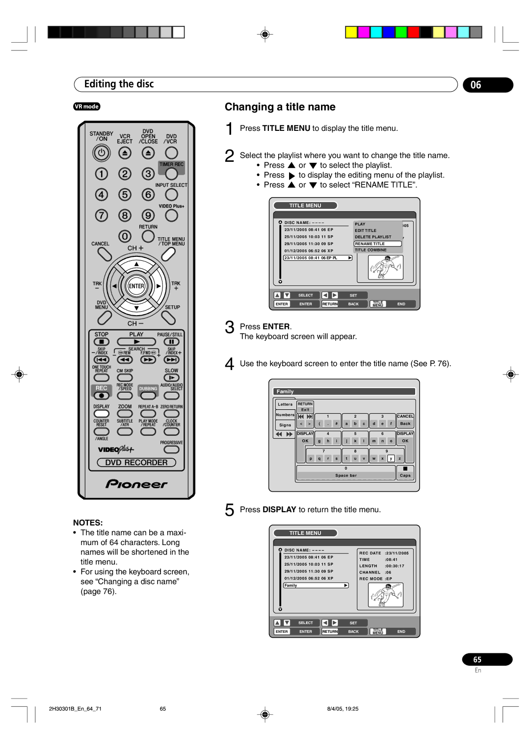 Pioneer DVR-RT501-S operating instructions Changing a title name, Press Display to return the title menu 