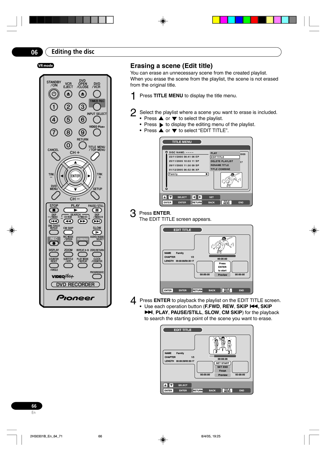 Pioneer DVR-RT501-S operating instructions Erasing a scene Edit title, Press Enter Edit Title screen appears 