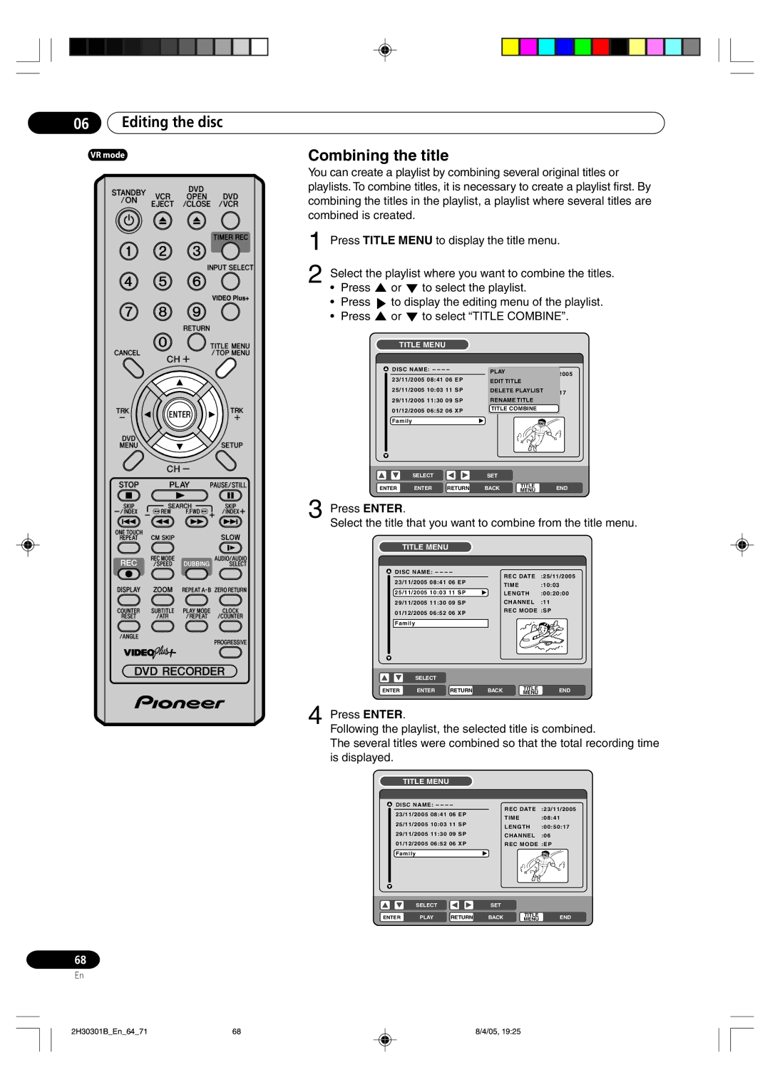 Pioneer DVR-RT501-S operating instructions Combining the title, Title Menu 