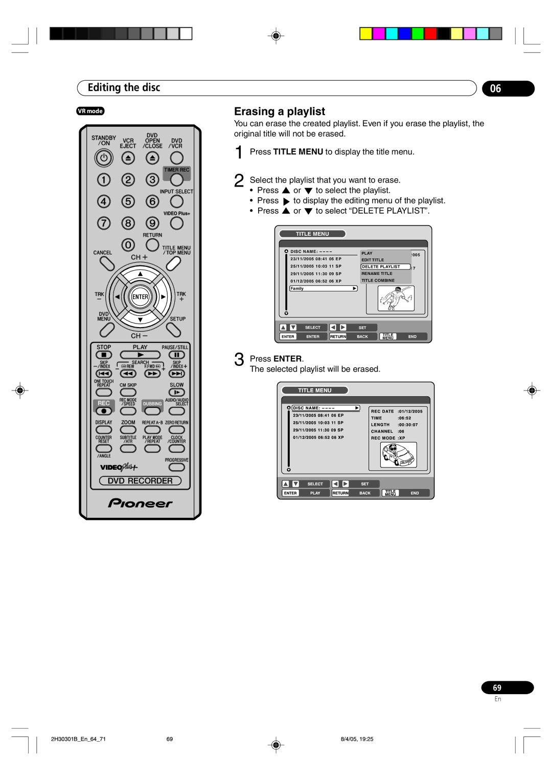 Pioneer DVR-RT501-S operating instructions Erasing a playlist, Press Enter Selected playlist will be erased 