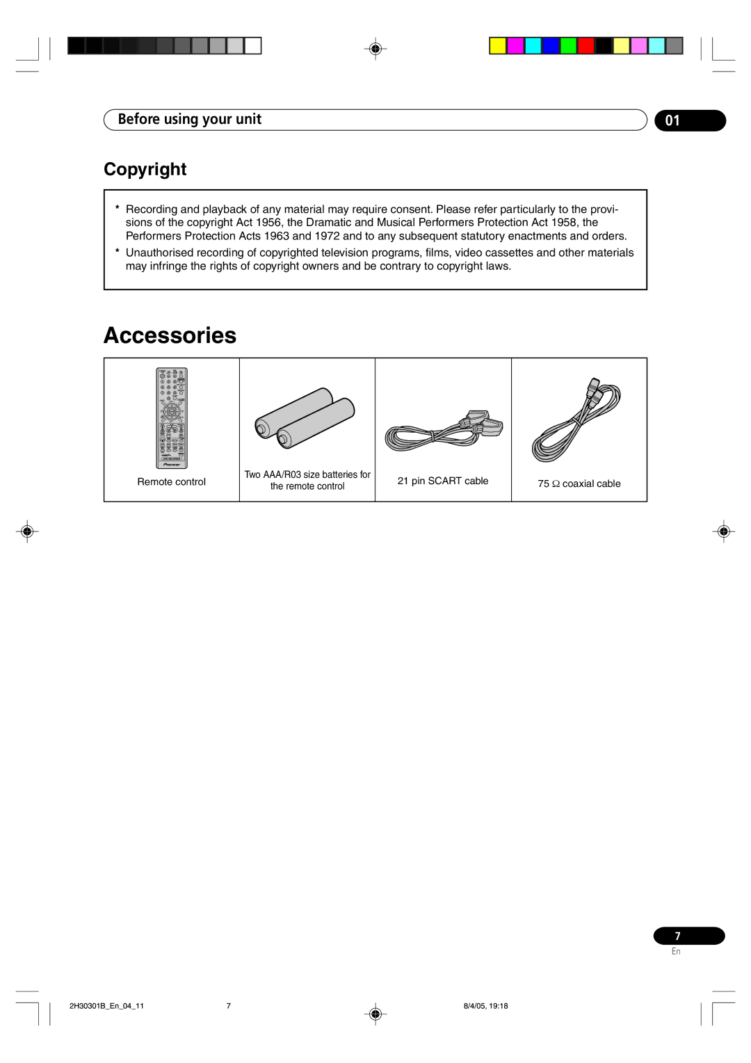 Pioneer DVR-RT501-S operating instructions Accessories, Copyright 