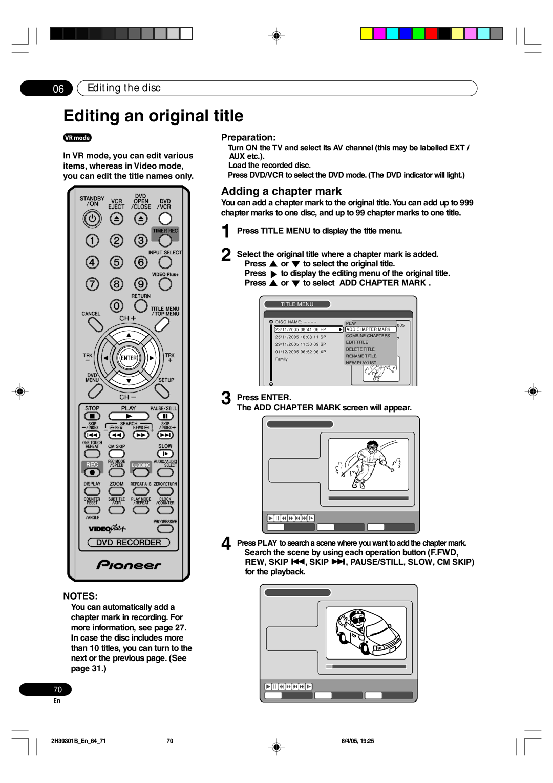 Pioneer DVR-RT501-S operating instructions Editing an original title, Adding a chapter mark 