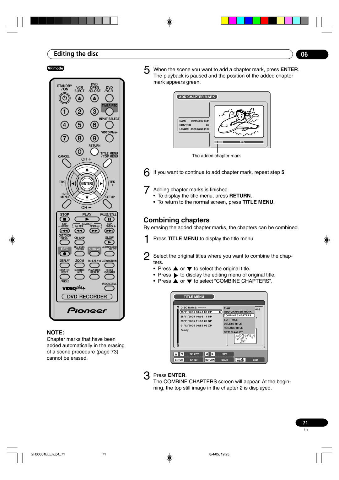 Pioneer DVR-RT501-S operating instructions Combining chapters 