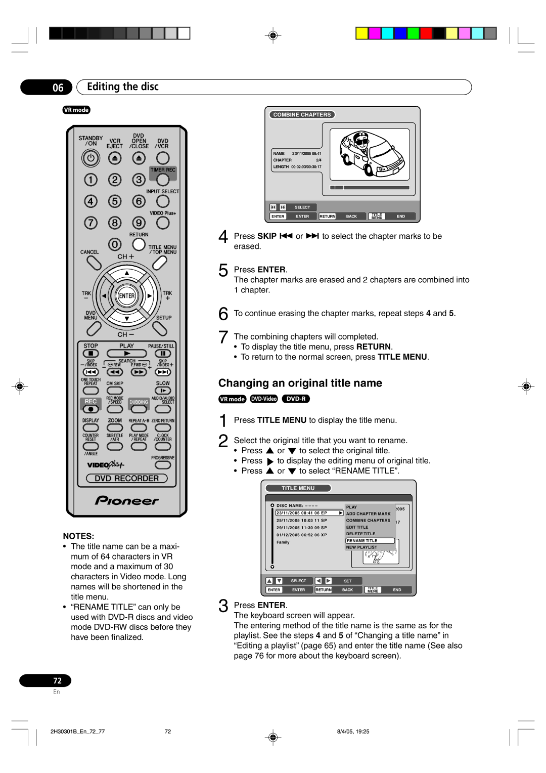 Pioneer DVR-RT501-S operating instructions Changing an original title name 